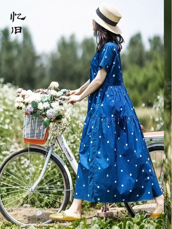 Summer Clothing Label - Robe d'été en coton pur bleu